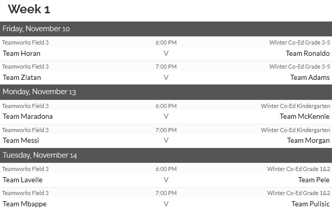 2023 Week 1 Winter Rec Schedule