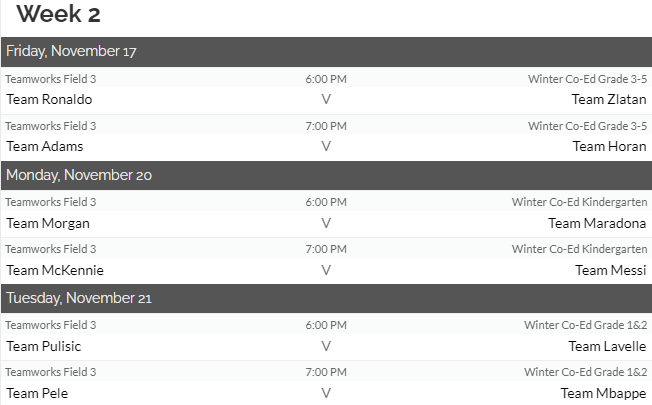 2023 Week 2 Winter Rec Schedule