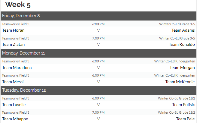 2023 Week 5 Winter Rec Schedule
